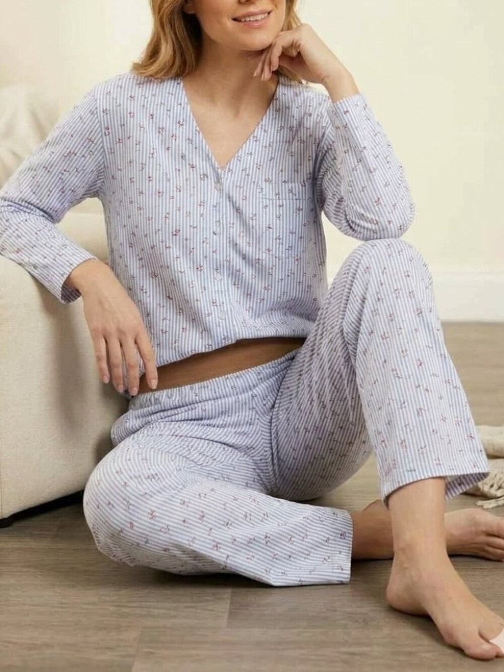 Blue Striped Floral Button Down Long Sleeve Pajama Set Waist